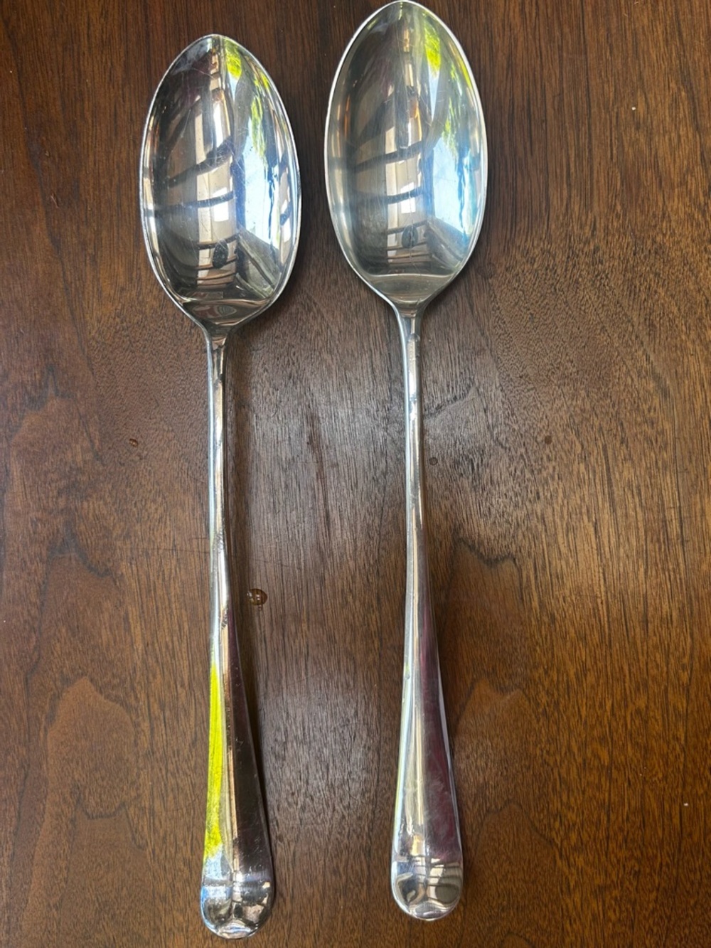 Vintage Gerity Georgian silver plated 13” serving spoons, w/ protective sleeves.